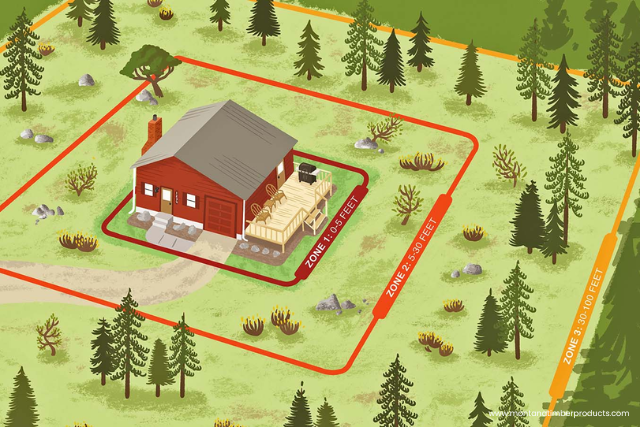 Diagram showing graduated defensible-space zones around a home